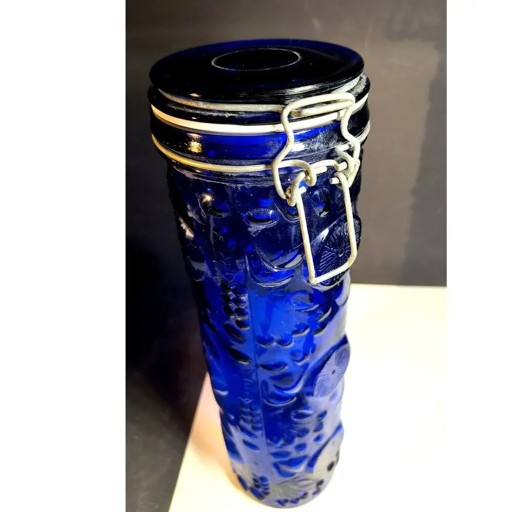 1055.  Tall Pasta Cobalt Blue Cannister Wire Bale Hinged Lid